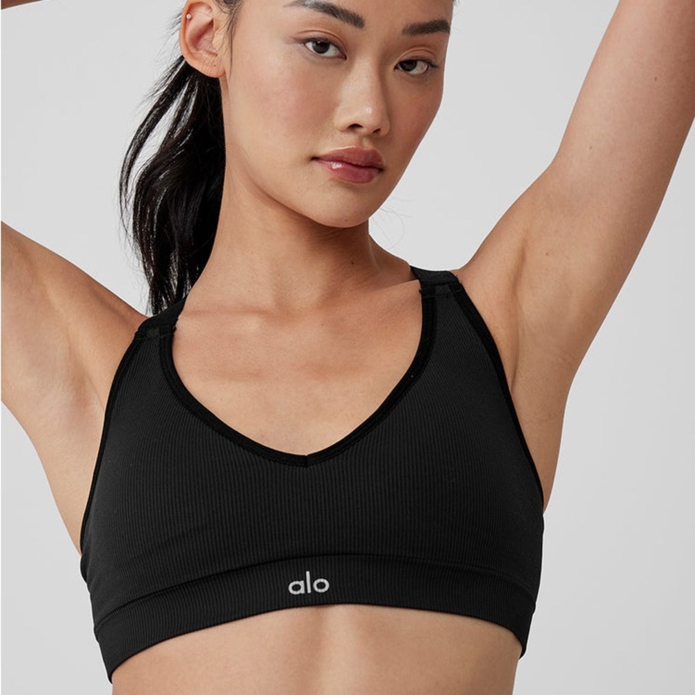 ALO Yoga Ribbed Black Sports Bra with Scoop Neck